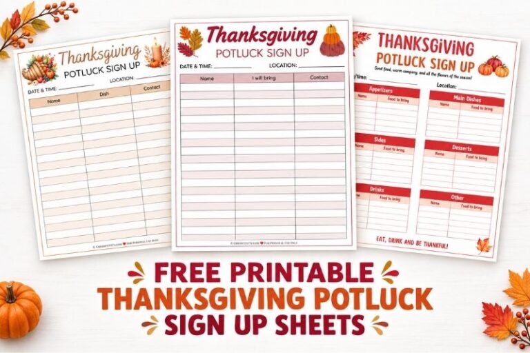 Thanksgiving Potluck Sign Up Sheets