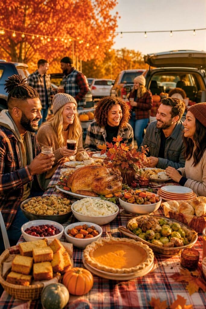 Friends gather outdoors around a Thanksgiving feast at a festive tailgate.