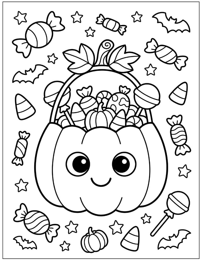 Cute Halloween trick or treat bag with a smiling pumpkin face overflowing with candy, surrounded by pumpkins, candy, stars, and bats, black and white coloring page