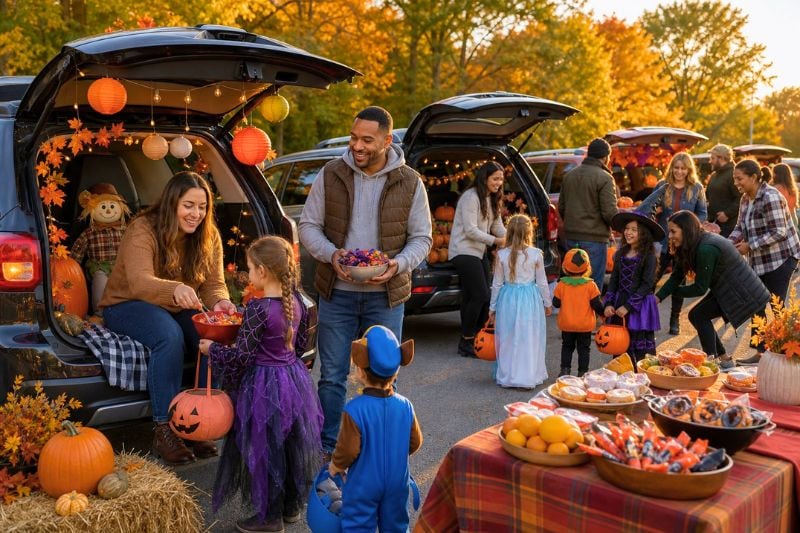 Families and children in Halloween costumes gather around decorated car trunks at an outdoor candy-sharing party.