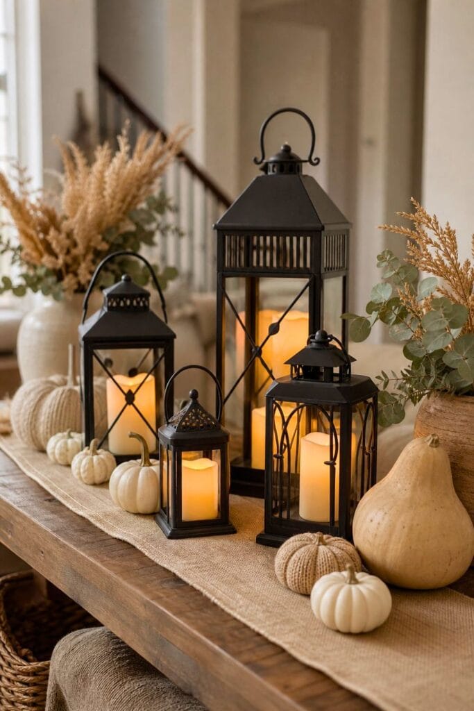 Black metal lanterns with glowing candles arranged among neutral autumn decorations on a wooden table.