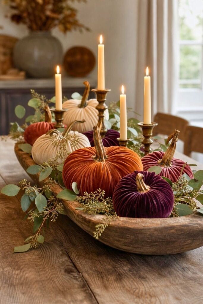 A wooden dough bowl filled with velvet pumpkins, brass candleholders, and seeded eucalyptus on a fall dining table.