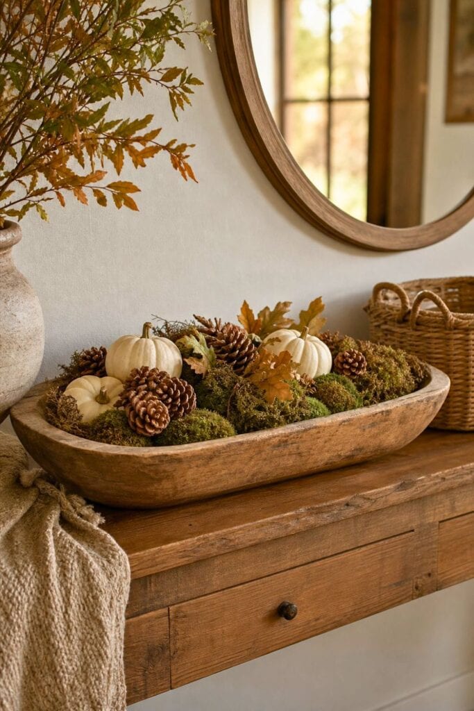 A vintage wooden dough bowl filled with moss, pinecones, and white pumpkins sits on a fall-decorated entryway table.