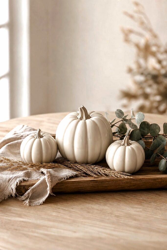 Three white ceramic pumpkins arranged on a wooden tray with subtle neutral fall accents.