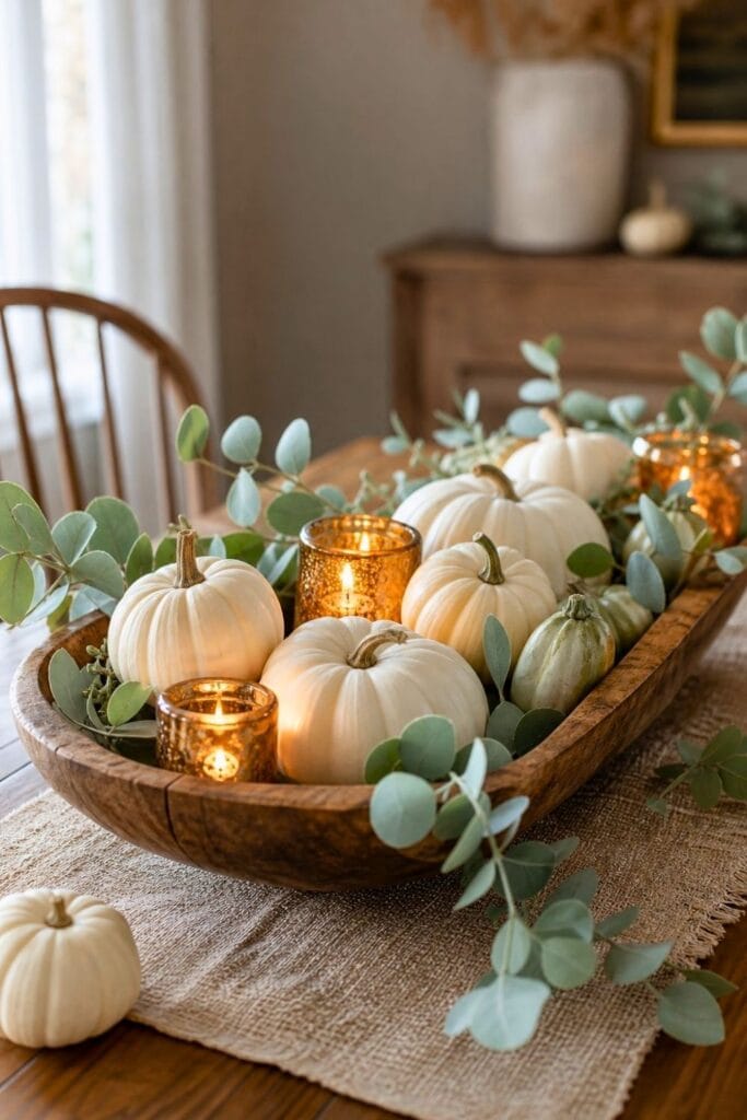 A wooden dough bowl filled with white pumpkins, amber candles, and eucalyptus branches on a dining table.
