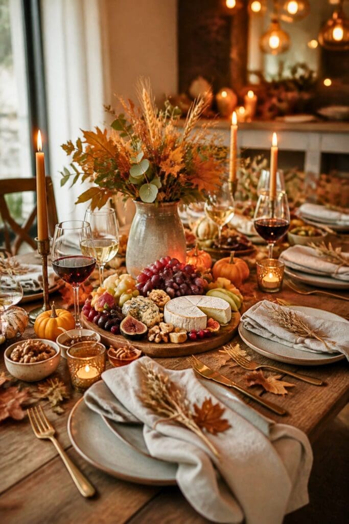 A table set up for a Friendsgiving party with wine, cheese, fruit, a few autumn decorations, and ambient lighting. 