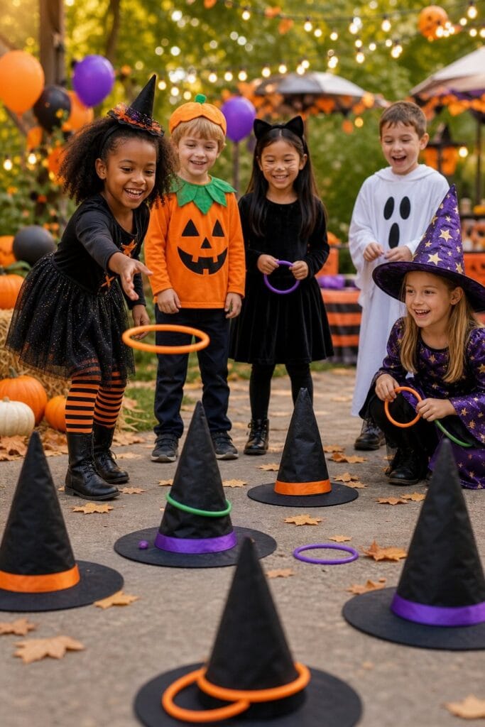 Children play ring toss around black witch hats at a Halloween party.