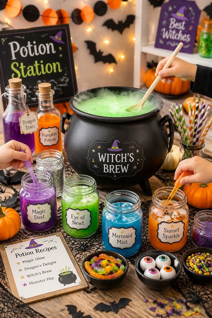 A colorful children's Halloween potion-making station with jars, a cauldron, and hands mixing pretend potions.
