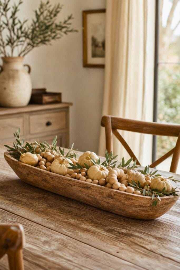 A wooden dough bowl filled with wooden beads, cream gourds, and olive branches on a dining table.
