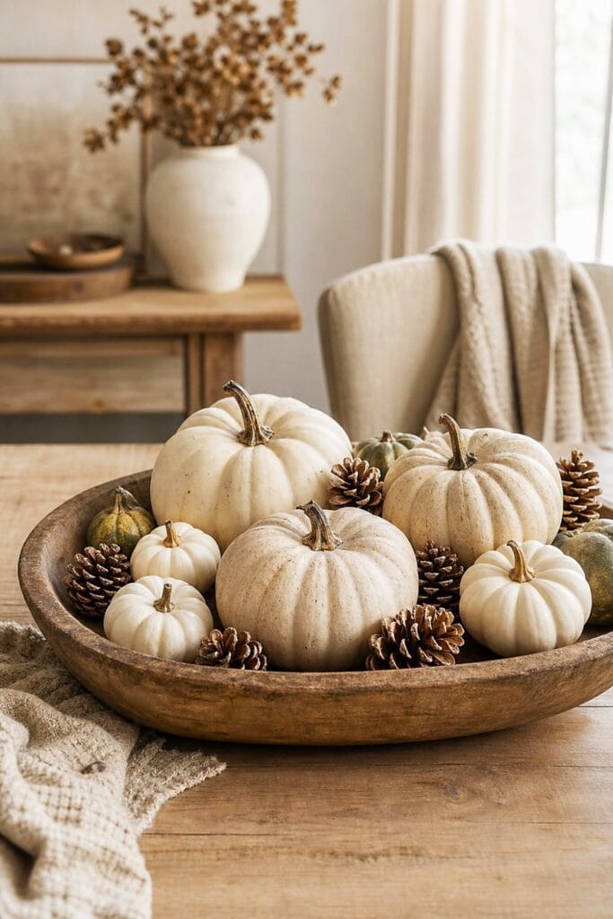 A wooden dough bowl filled with cream pumpkins and pinecones on a light wood table.