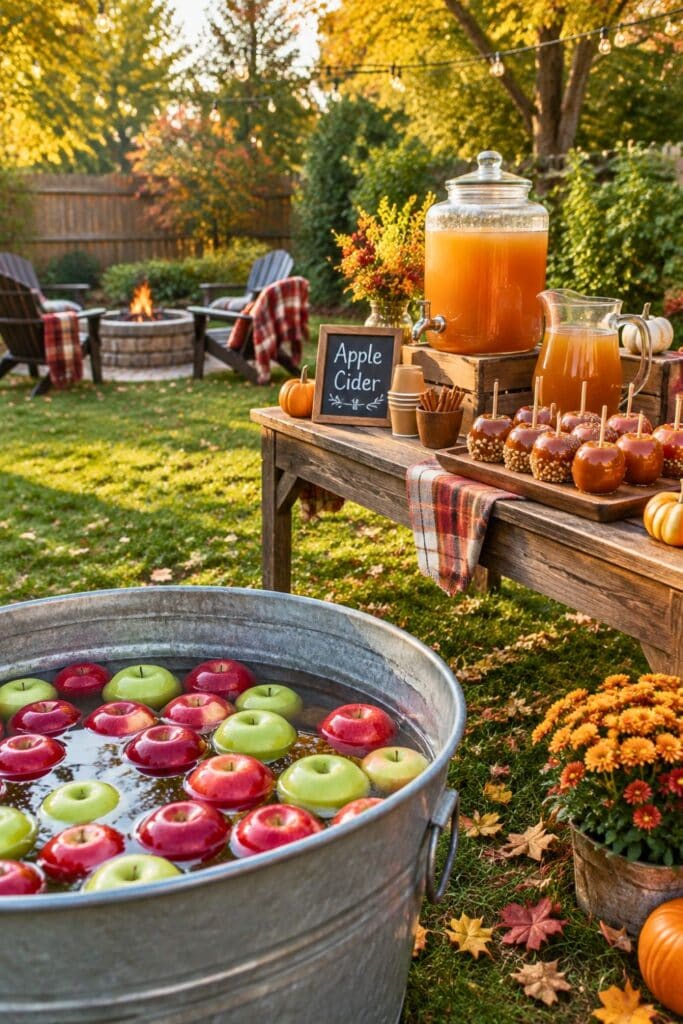 20 Kids Friendsgiving Party Ideas for Easy Hosting 17 an apple bobbing bucket and a cider bar with caramel apples at a festive fall party.