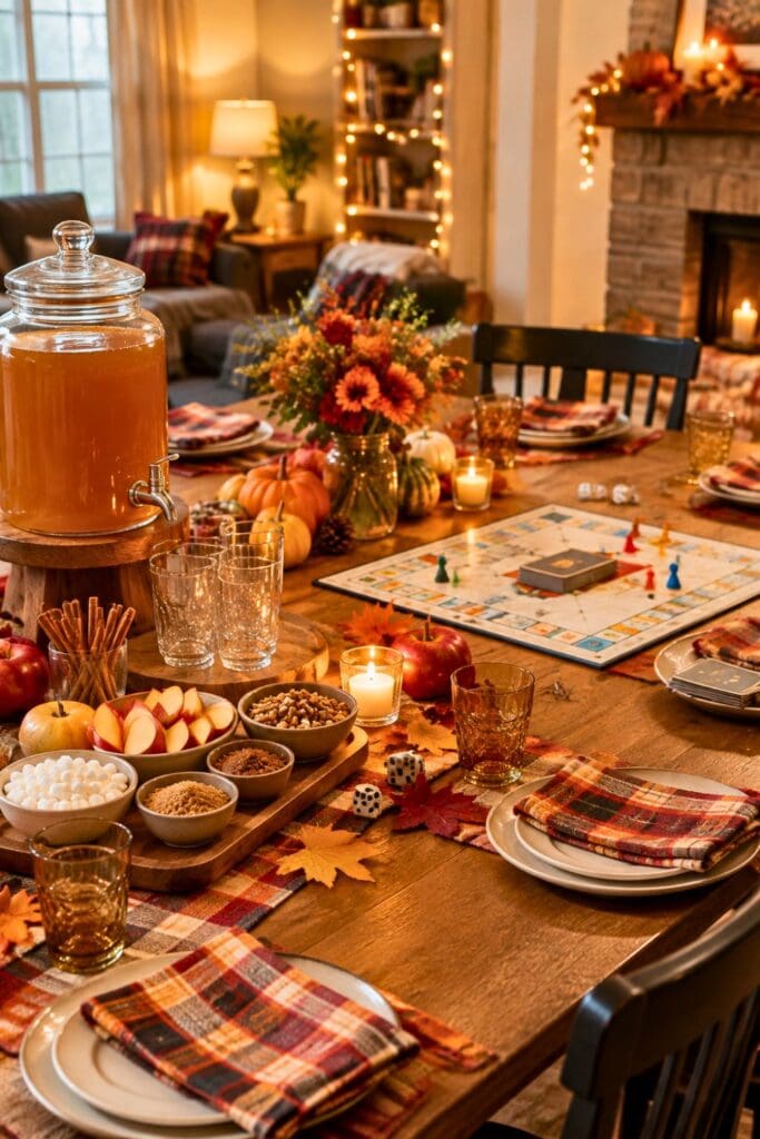 A table set up for a Friendsgiving party for teens featuring an Apple Cider Bar and a Board Game, a few Autumn decorations, plaid napkins and ambient lighting.