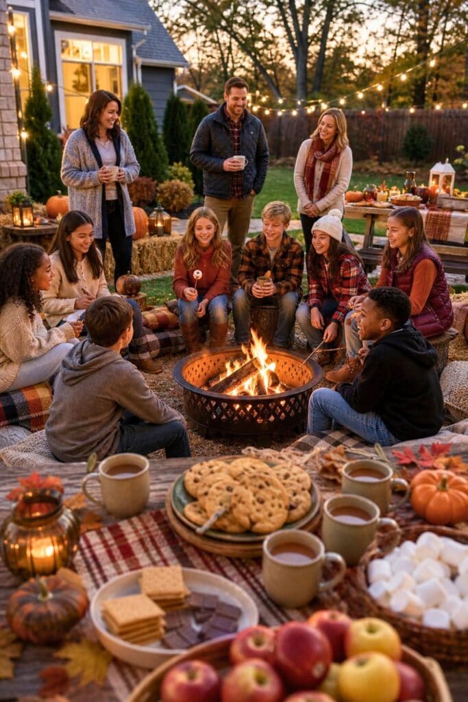 20 Kids Friendsgiving Party Ideas for Easy Hosting 14 Children gather with friends and adults around a supervised backyard campfire during an autumn celebration.