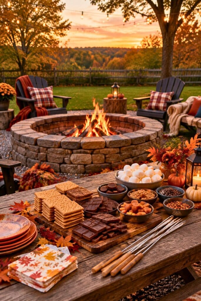 A backyard setup for a Campfire S'moresgiving Friendsgiving party for teens with a fire pit, a s'mores station with graham crackers, chocolate bars, and fun mix-ins like peanut butter cups or caramel squares. 