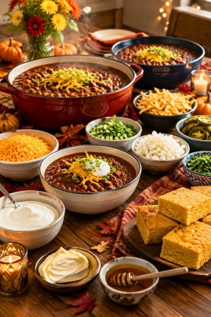 a table for a chili cook-off with bowls of chili and assorted cornbread toppings.