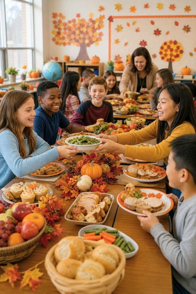 20 Kids Friendsgiving Party Ideas for Easy Hosting 13 Children share a festive autumn meal together at a classroom table while an adult supervises.