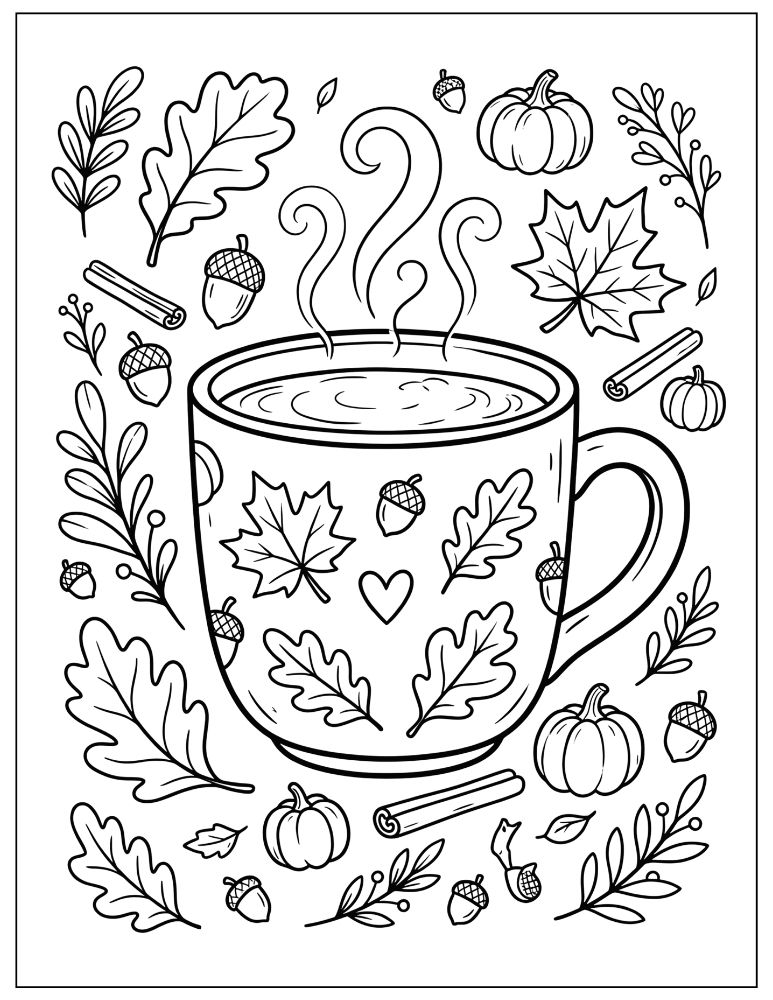 Pumpkin spice mug coloring page surrounded by oak leaves, maple leaves, and acorns