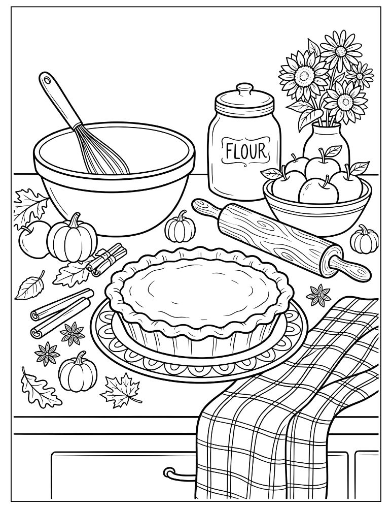Thanksgiving baking coloring page with pumpkin pie, baking tools, apples, and autumn decorations