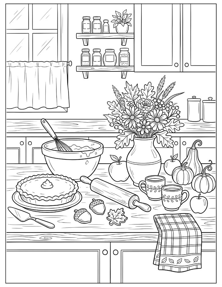 Cozy Thanksgiving kitchen coloring page with pumpkin pie, pumpkins, mugs and fall decorations