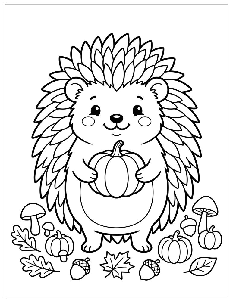 Cute hedgehog holding a pumpkin surrounded by mushrooms, acorns, and autumn leaves