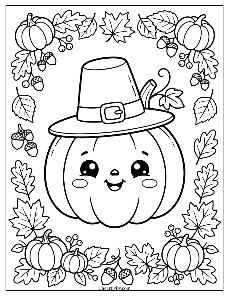 Cute Thanksgiving pumpkin coloring page with autumn leaves and fall decorations