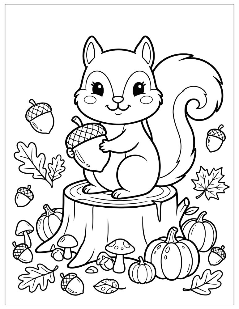 Cute Thanksgiving squirrel holding an acorn among pumpkins, mushrooms, and fall leaves