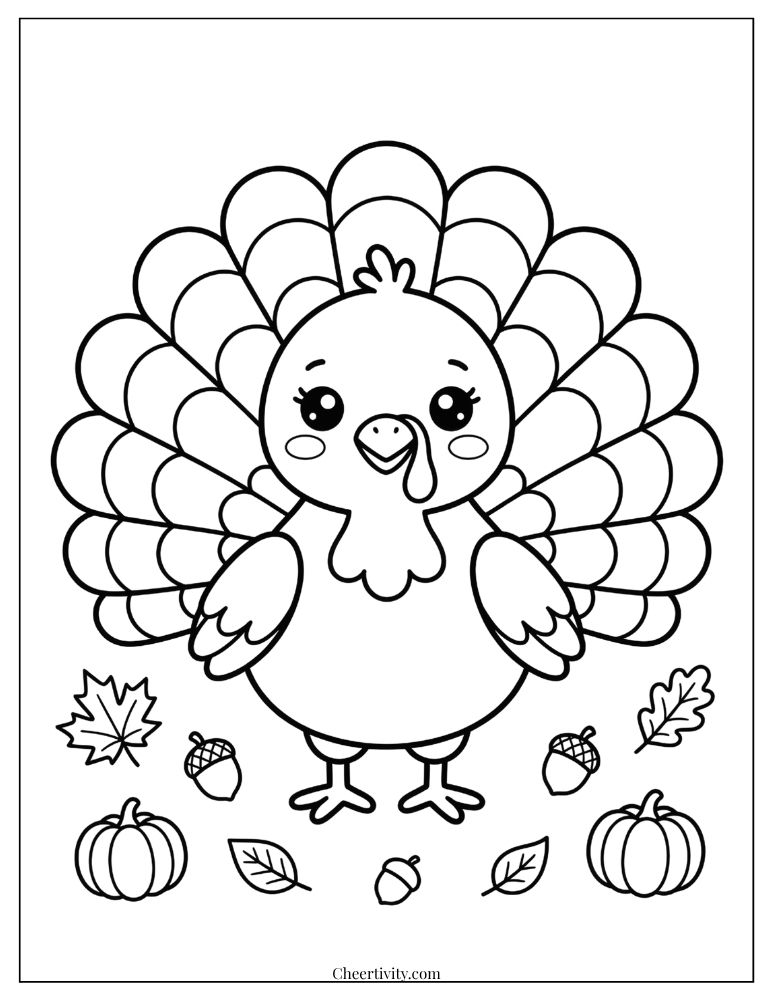 Cute Thanksgiving turkey coloring page with autumn leaves, pumpkins and acorns