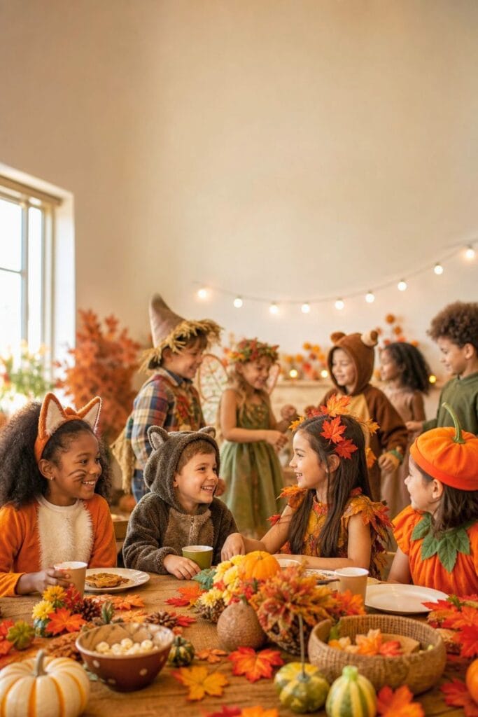 20 Kids Friendsgiving Party Ideas for Easy Hosting 15 Children in colorful fall costumes enjoy a Friendsgiving party together around a decorated table.
