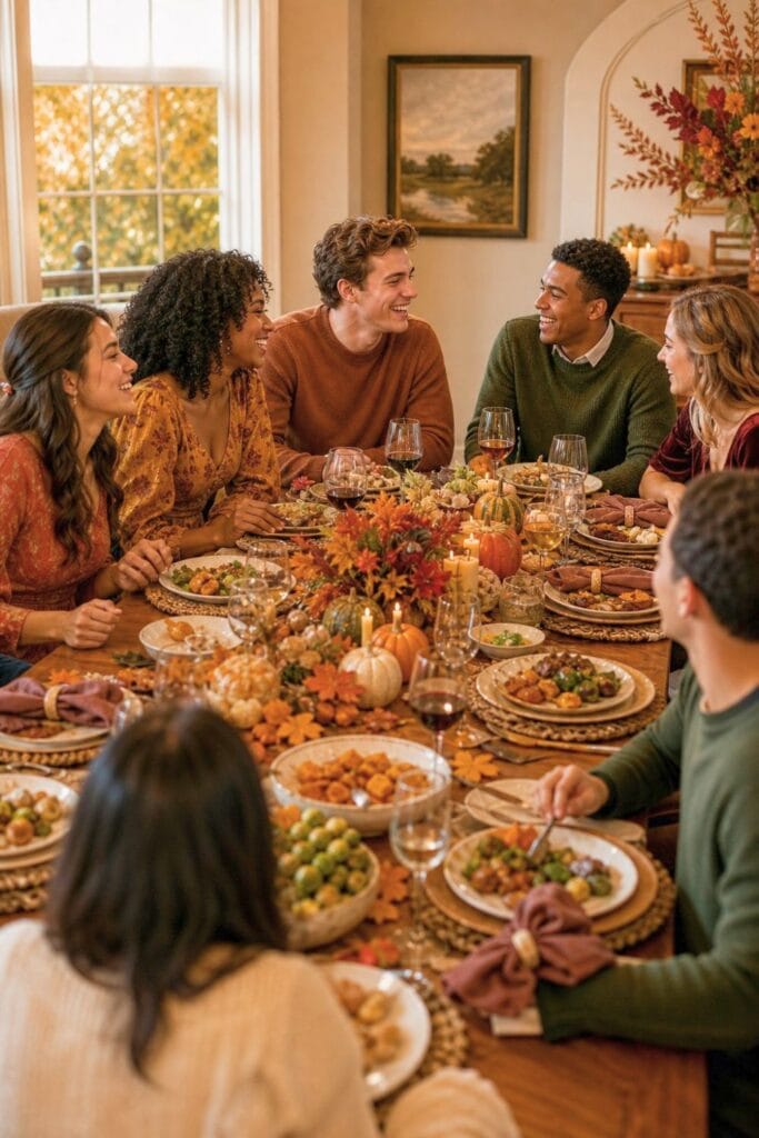 A group of teenagers in autumn-colored outfits enjoying a festive dinner around a fall-decorated table.