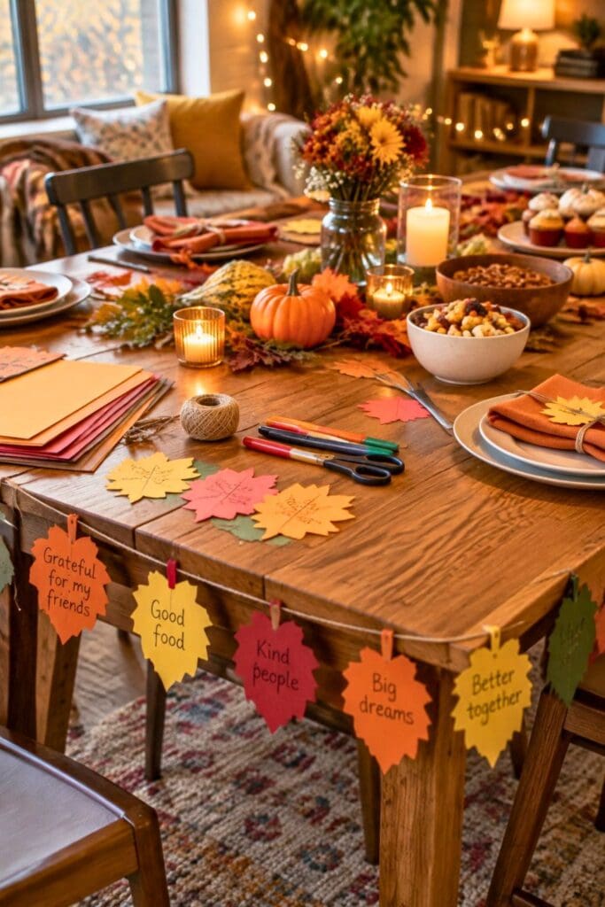 A table set up for a Teen Friendsgiving party for teens, On the table, there's a DIY fall gratitude garland, autumn craft supplies, a few Autumn decorations and ambient lighting. 