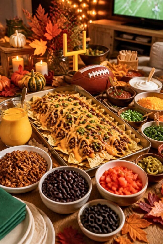 A nacho bar setup for watching football at a festive Friendsgiving party.