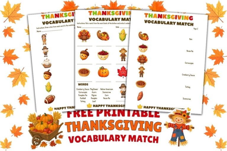 Free Printable Thanksgiving Vocabulary Matching Worksheet featured