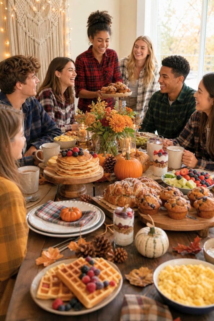 Teen friends in flannel shirts share a festive breakfast spread at a cozy Friendsgiving brunch.