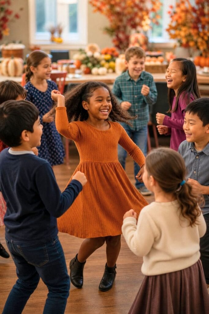 20 Kids Friendsgiving Party Ideas for Easy Hosting 16 Children in colorful fall costumes enjoy a Friendsgiving party together around a decorated table.