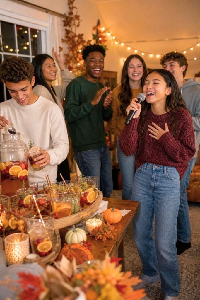 Teen friends celebrate Friendsgiving by singing karaoke and serving colorful mocktails at a decorated home bar.