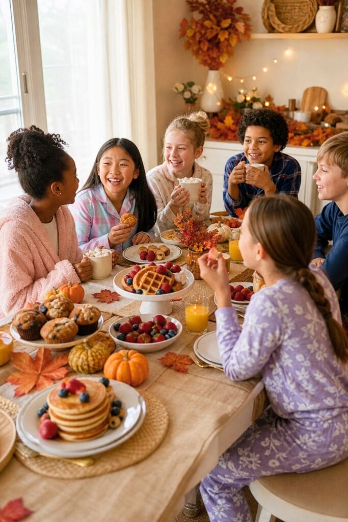 20 Kids Friendsgiving Party Ideas for Easy Hosting 6 Children in colorful pajamas share a festive Friendsgiving brunch around a table decorated with autumn accents.