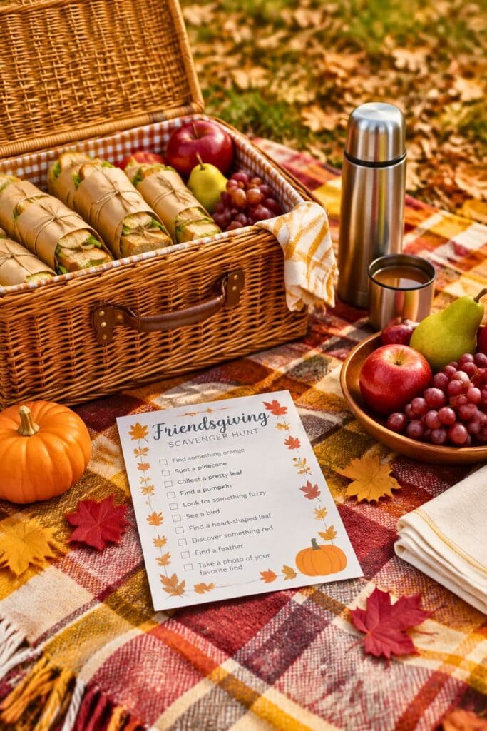 A picnic setup for a Friendsgiving party for teens with fall-themed Friendsgiving scavenger hunt with prompts printable, a plaid blanket, sandwiches, fruit, and a thermos of hot cider packed in a basket.