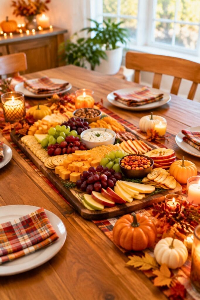 a festive Friendsgiving snack board filled with assorted foods.