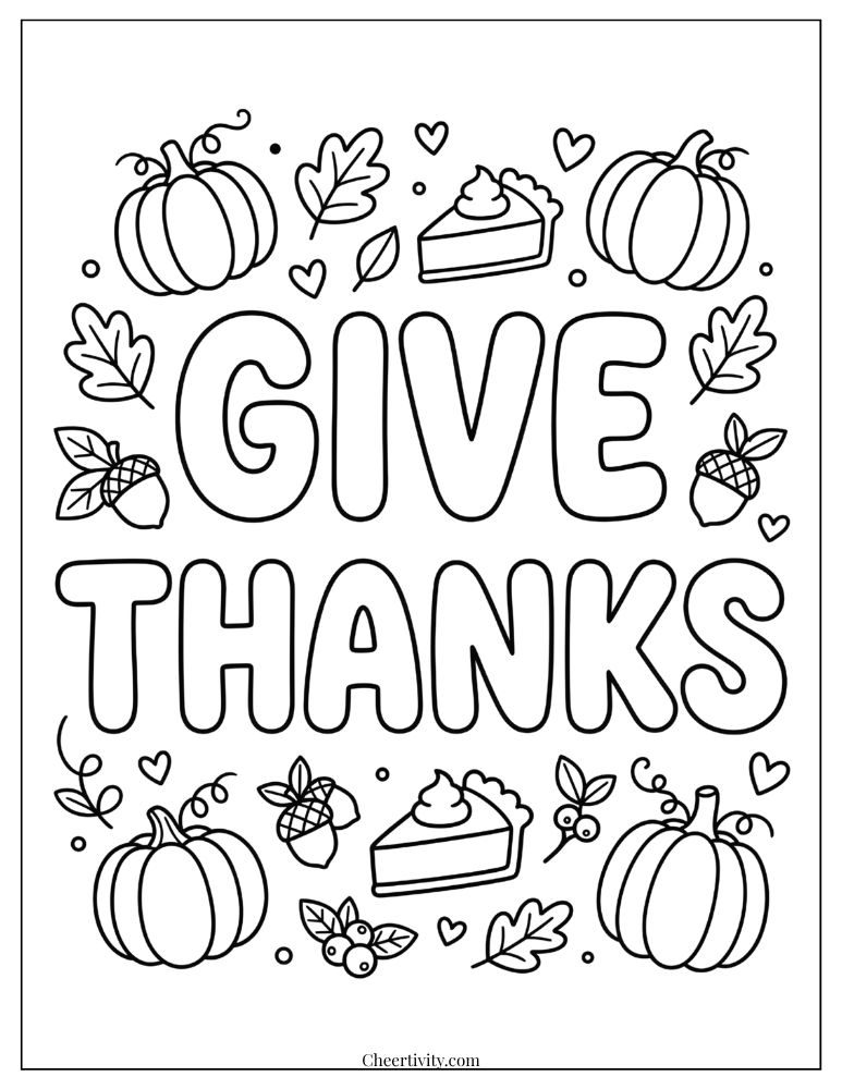 Give Thanks coloring page with large bubble letters and festive Thanksgiving decorations