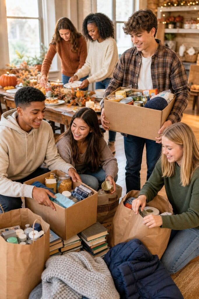 Teen friends gather around a Friendsgiving table while sorting donated food, clothing, and household items for a community drive.