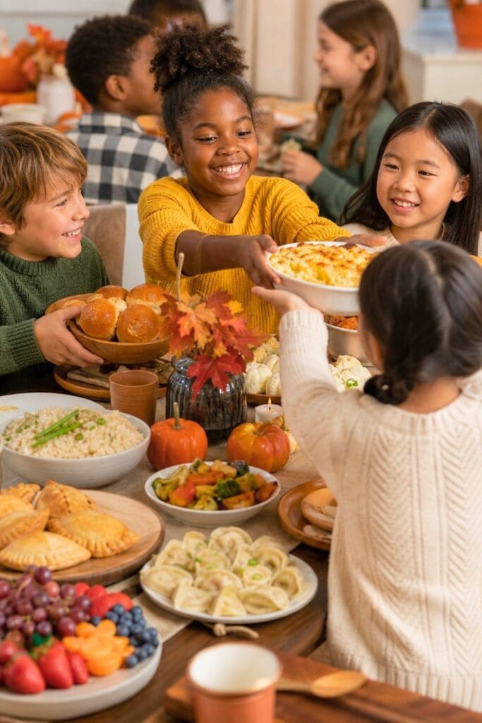 20 Kids Friendsgiving Party Ideas for Easy Hosting 4 Diverse children share a festive table filled with comforting foods at a Friendsgiving potluck.