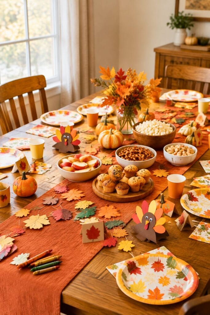 20 Kids Friendsgiving Party Ideas for Easy Hosting 3 autumn crafts and snacks at a Friendsgiving party table.
