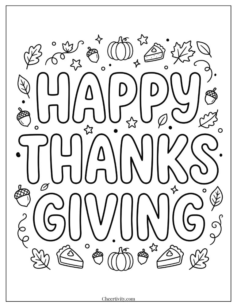 Happy Thanksgiving coloring page with large bubble letters and festive fall doodles