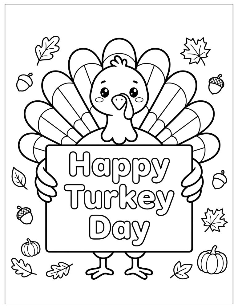 Cute Thanksgiving turkey holding a Happy Turkey Day sign