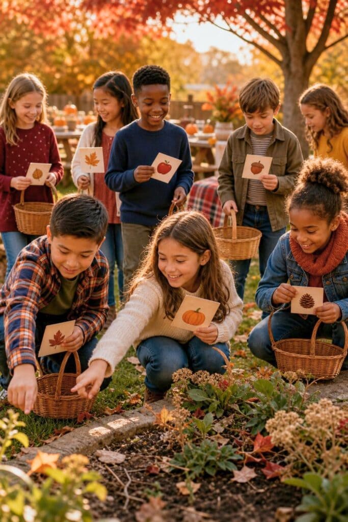 20 Kids Friendsgiving Party Ideas for Easy Hosting 12 Children search for autumn treasures together during a harvest scavenger hunt in a decorated backyard.