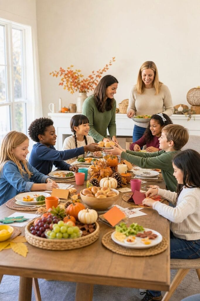 20 Kids Friendsgiving Party Ideas for Easy Hosting 19 Children share a relaxed autumn meal with friends while adults calmly help nearby.