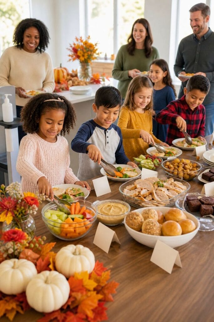 20 Kids Friendsgiving Party Ideas for Easy Hosting 20 Children and adults share an allergy-conscious Friendsgiving meal with separate dishes and colorful healthy foods.