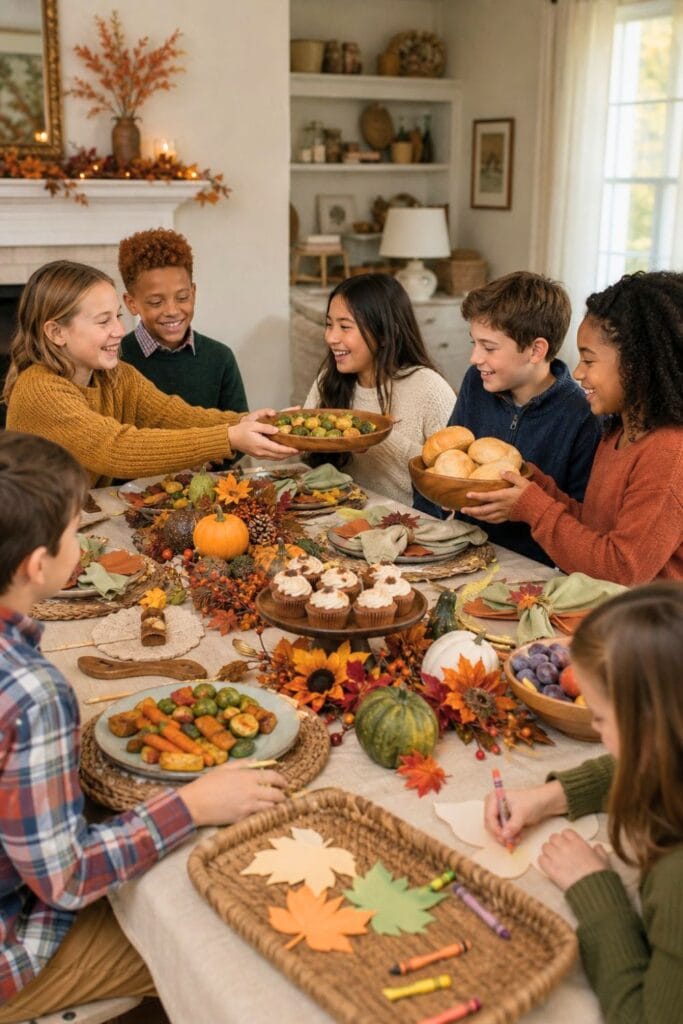 20 Kids Friendsgiving Party Ideas for Easy Hosting 1 Children share a festive autumn meal and crafts at a Friendsgiving gathering.