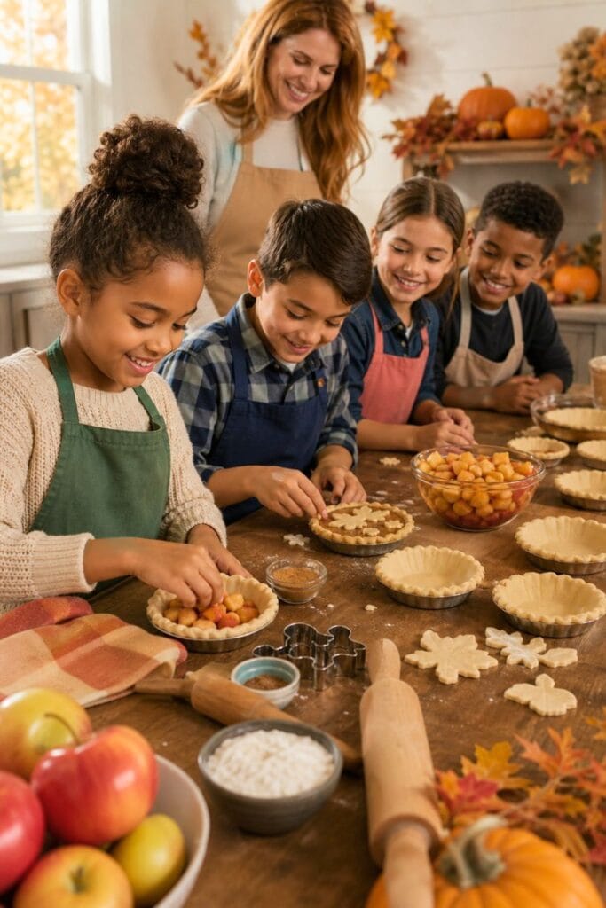20 Kids Friendsgiving Party Ideas for Easy Hosting 11 Children make individual mini pies together at a festive autumn kitchen table.