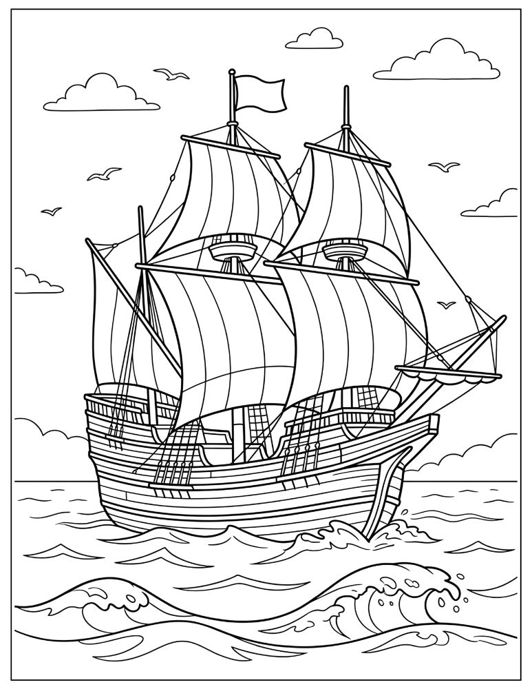 Mayflower coloring page featuring a traditional sailing ship on the ocean